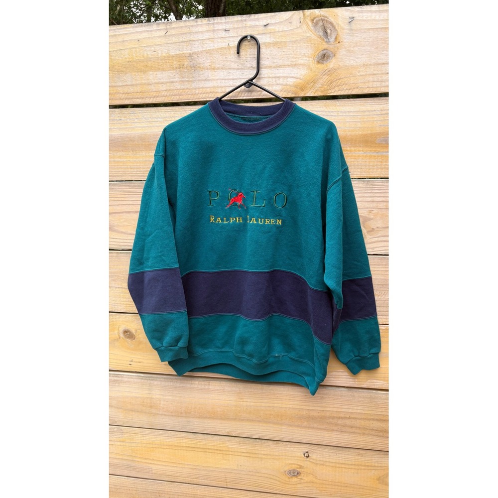 Polo Ralph Lauren Vintage Colorblock Sweatshirt Teal Navy Blue Embroidered Logo